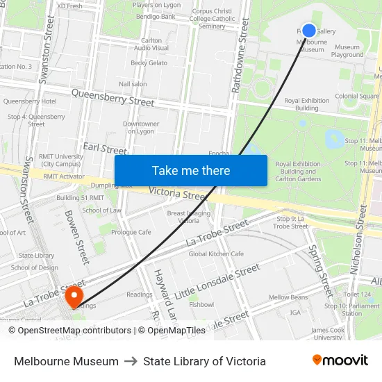 Melbourne Museum to State Library of Victoria map