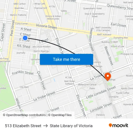 513 Elizabeth Street to State Library of Victoria map