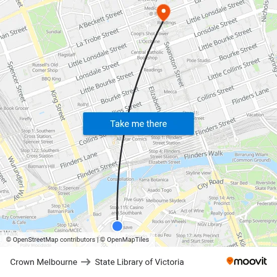 Crown Melbourne to State Library of Victoria map