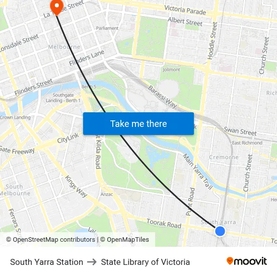 South Yarra Station to State Library of Victoria map