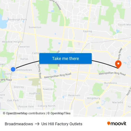 Broadmeadows to Uni Hill Factory Outlets map