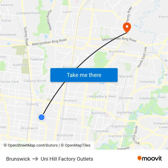 Brunswick to Uni Hill Factory Outlets map
