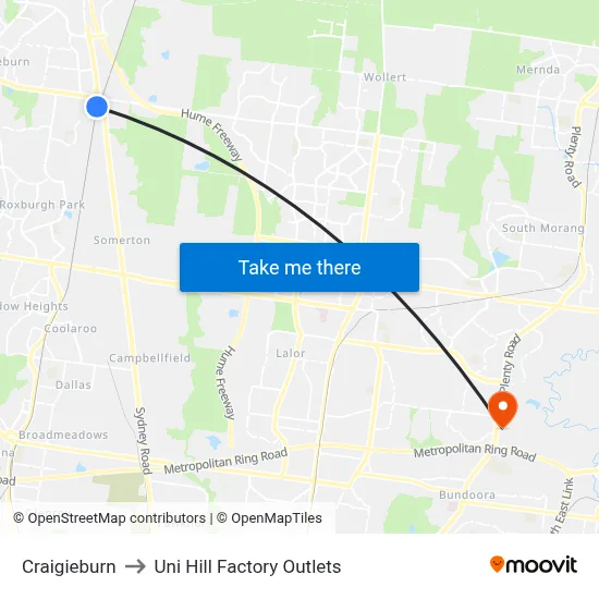 Craigieburn to Uni Hill Factory Outlets map