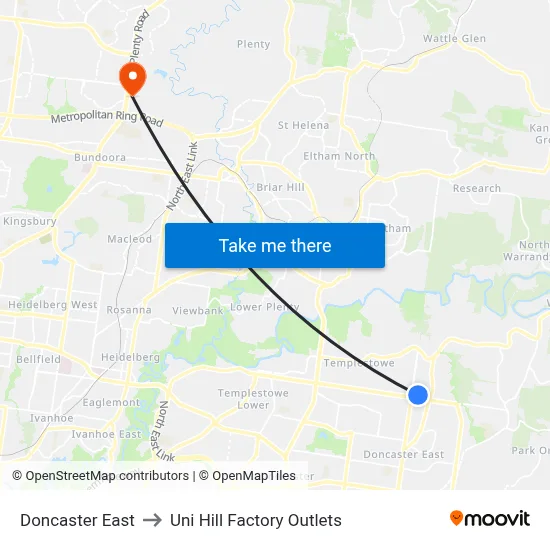 Doncaster East to Uni Hill Factory Outlets map
