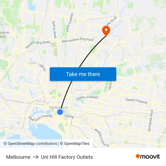 Melbourne to Uni Hill Factory Outlets map