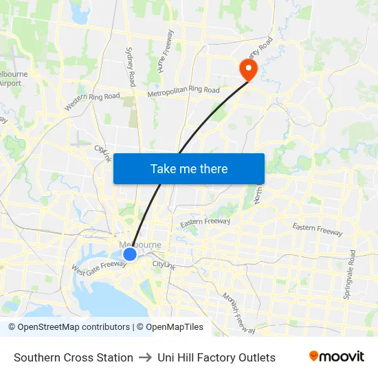 Southern Cross Station to Uni Hill Factory Outlets map