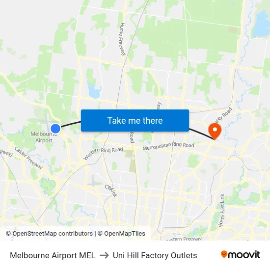 Melbourne Airport MEL to Uni Hill Factory Outlets map