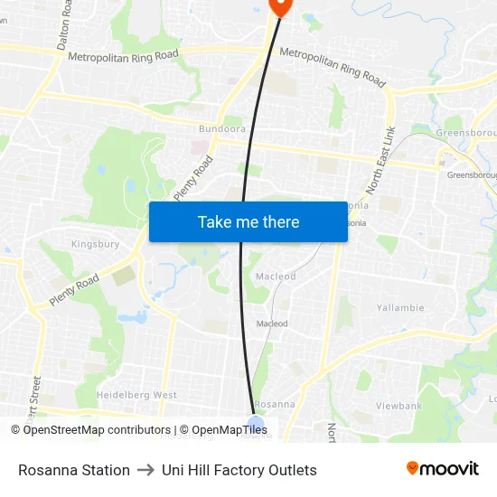 Rosanna Station to Uni Hill Factory Outlets map