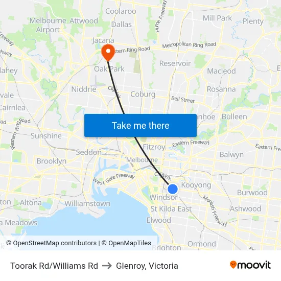 Toorak Rd/Williams Rd to Glenroy, Victoria map