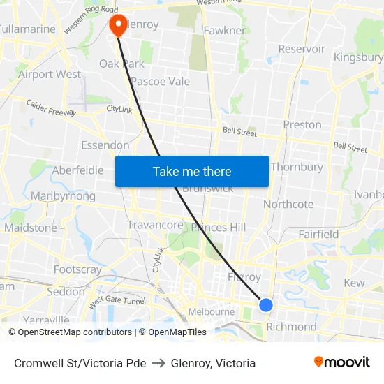 Cromwell St/Victoria Pde to Glenroy, Victoria map