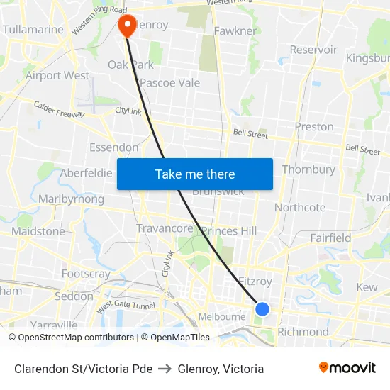 Clarendon St/Victoria Pde to Glenroy, Victoria map