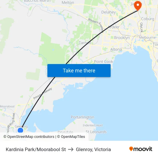 Kardinia Park/Moorabool St to Glenroy, Victoria map