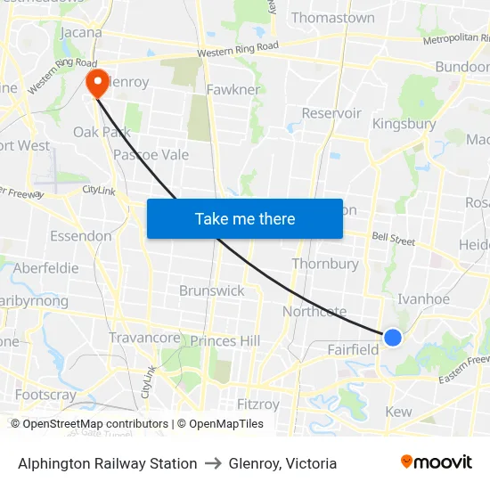 Alphington Railway Station to Glenroy, Victoria map