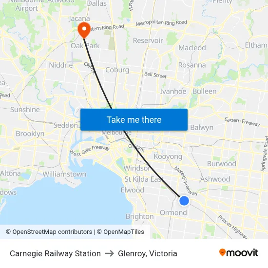 Carnegie Railway Station to Glenroy, Victoria map