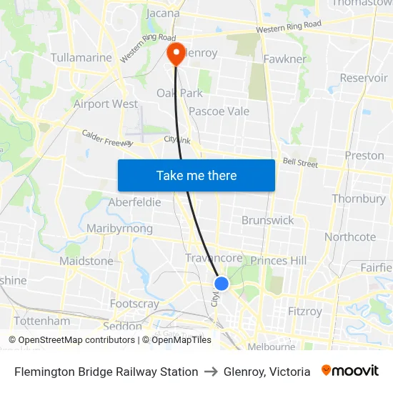 Flemington Bridge Railway Station to Glenroy, Victoria map