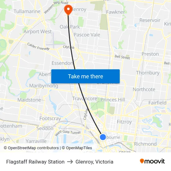 Flagstaff Railway Station to Glenroy, Victoria map