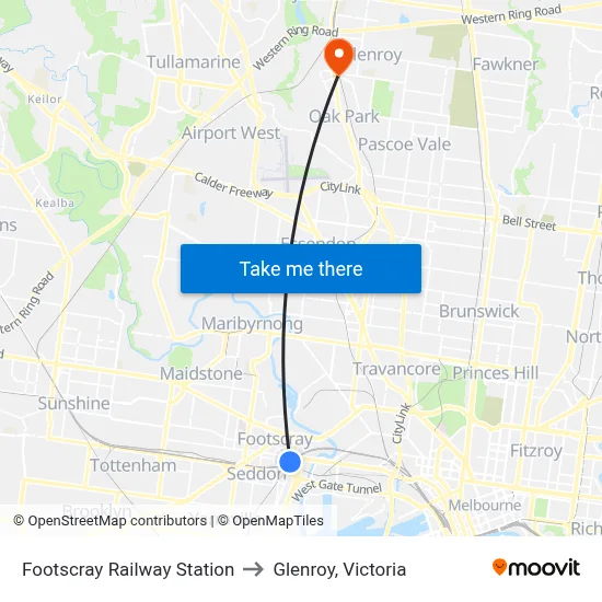 Footscray Railway Station to Glenroy, Victoria map