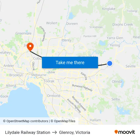 Lilydale Railway Station to Glenroy, Victoria map