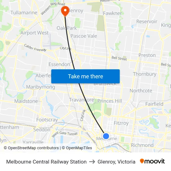 Melbourne Central Railway Station to Glenroy, Victoria map
