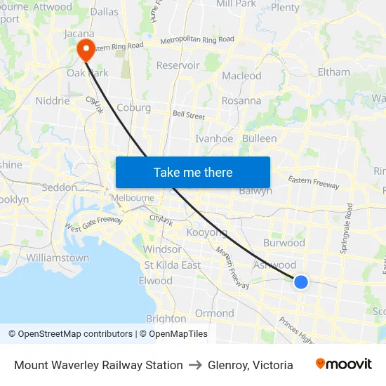 Mount Waverley Railway Station to Glenroy, Victoria map
