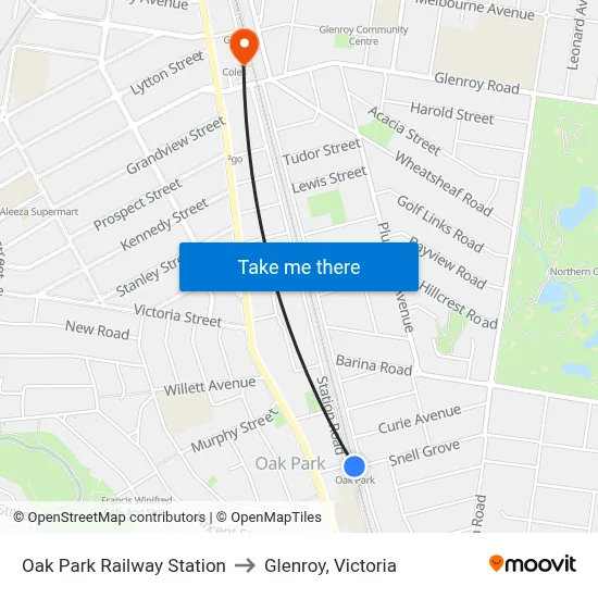Oak Park Railway Station to Glenroy, Victoria map