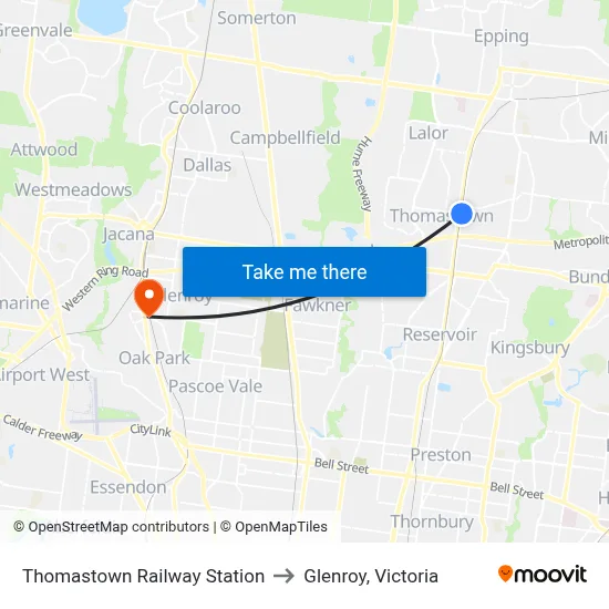 Thomastown Railway Station to Glenroy, Victoria map