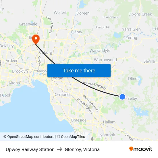 Upwey Railway Station to Glenroy, Victoria map