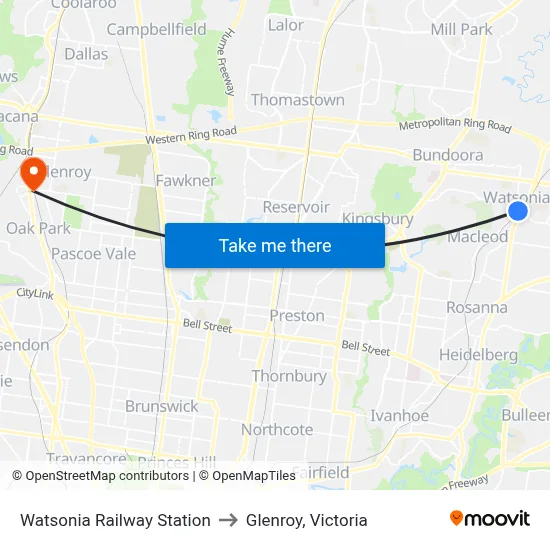 Watsonia Railway Station to Glenroy, Victoria map