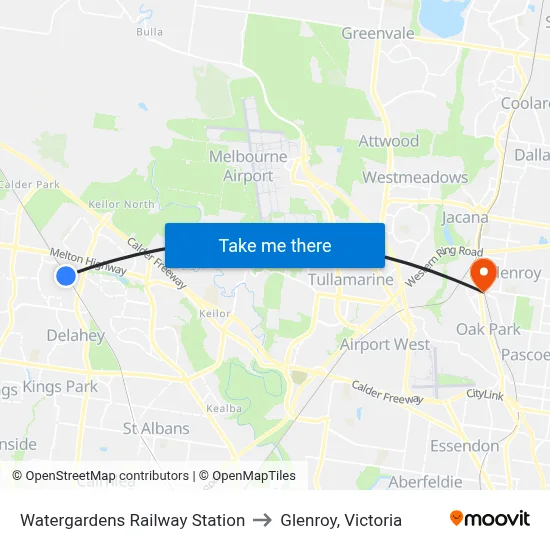 Watergardens Railway Station to Glenroy, Victoria map
