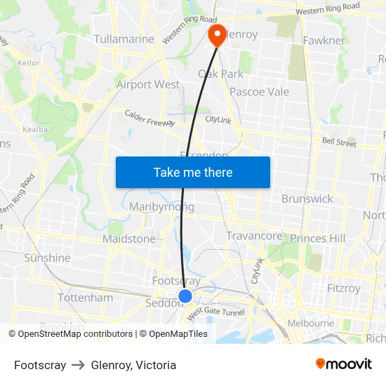 Footscray to Glenroy, Victoria map