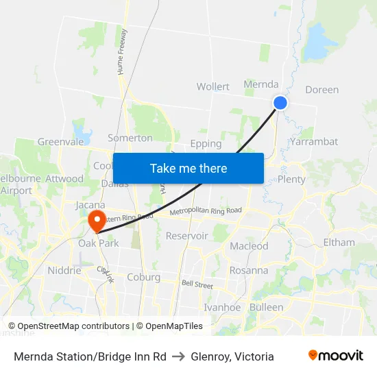 Mernda Station/Bridge Inn Rd to Glenroy, Victoria map