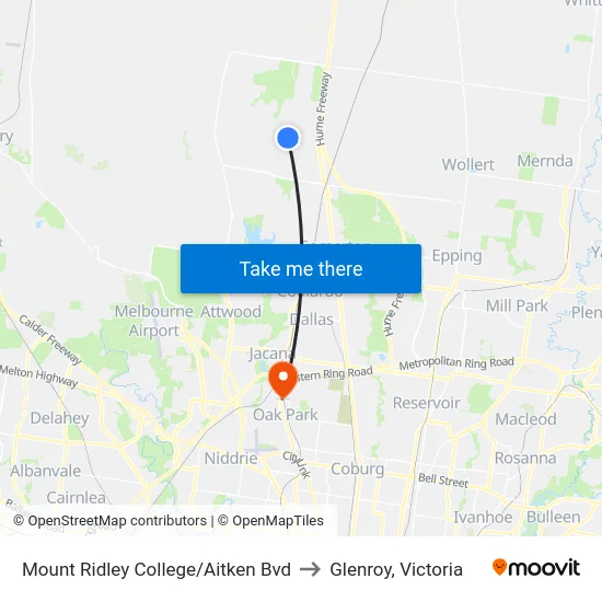 Mount Ridley College/Aitken Bvd to Glenroy, Victoria map