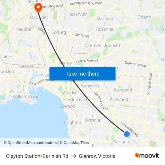 Clayton Station/Carinish Rd to Glenroy, Victoria map