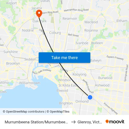 Murrumbeena Station/Murrumbeena Rd to Glenroy, Victoria map