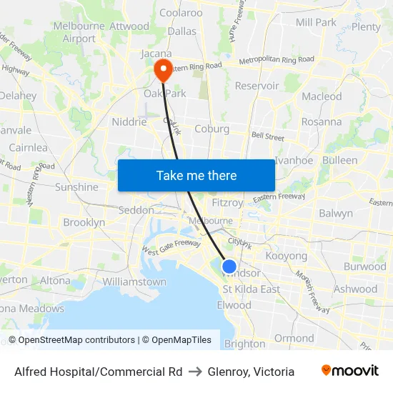 Alfred Hospital/Commercial Rd to Glenroy, Victoria map