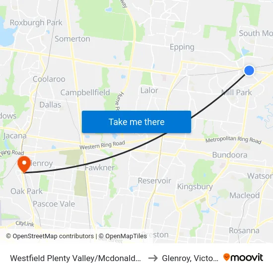 Westfield Plenty Valley/Mcdonalds Rd to Glenroy, Victoria map