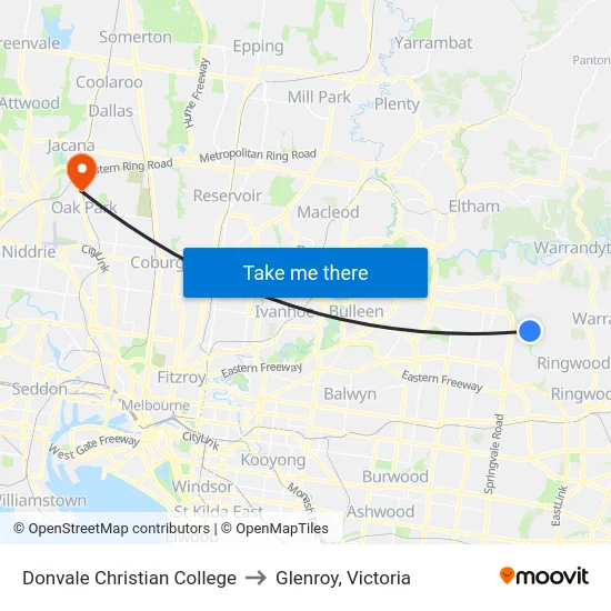 Donvale Christian College to Glenroy, Victoria map