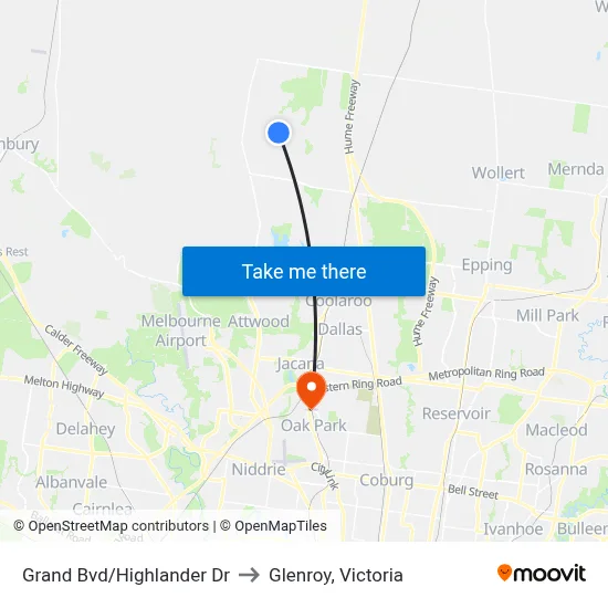 Grand Bvd/Highlander Dr to Glenroy, Victoria map
