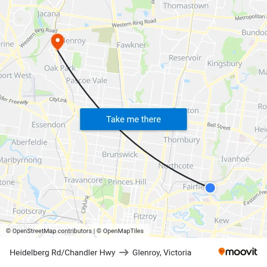Heidelberg Rd/Chandler Hwy to Glenroy, Victoria map