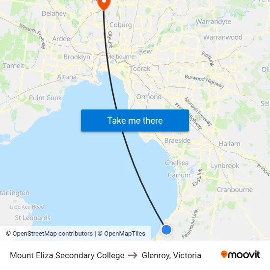 Mount Eliza Secondary College to Glenroy, Victoria map
