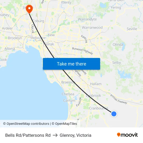 Bells Rd/Pattersons Rd to Glenroy, Victoria map