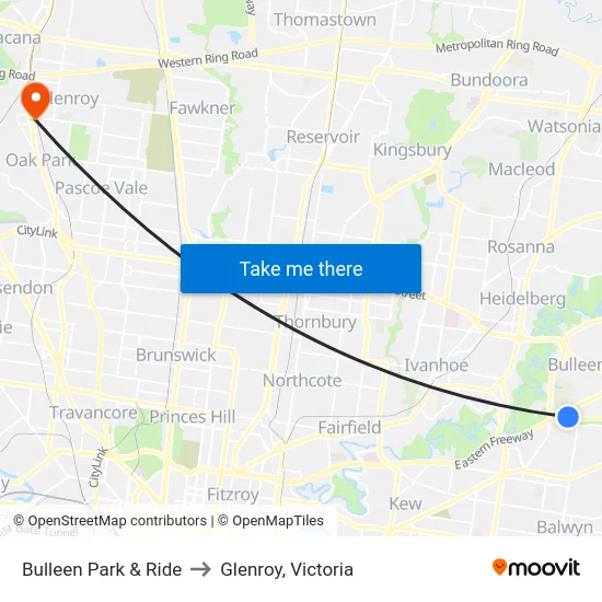 Bulleen Park & Ride to Glenroy, Victoria map