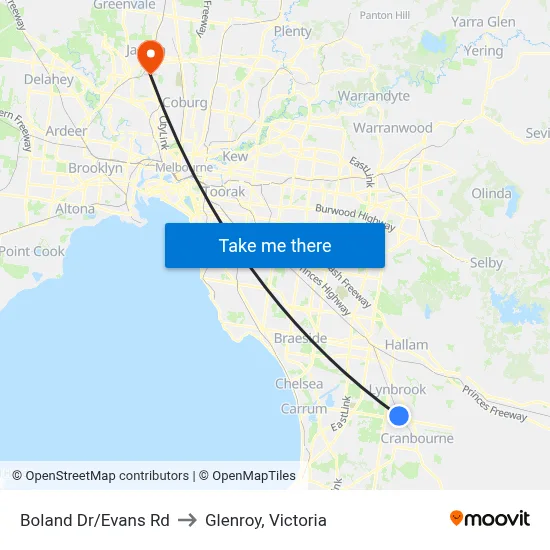 Boland Dr/Evans Rd to Glenroy, Victoria map