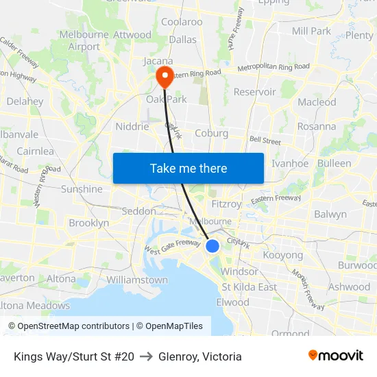 Kings Way/Sturt St #20 to Glenroy, Victoria map