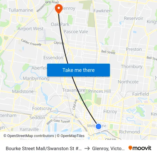 Bourke Street Mall/Swanston St #10 to Glenroy, Victoria map