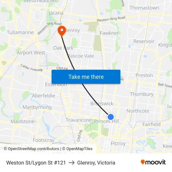 Weston St/Lygon St #121 to Glenroy, Victoria map