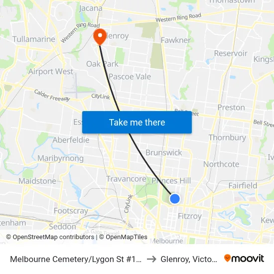 Melbourne Cemetery/Lygon St #115 to Glenroy, Victoria map