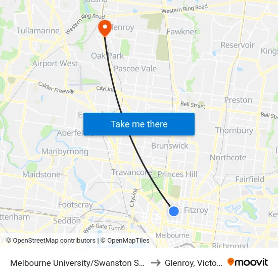Melbourne University/Swanston St #1 to Glenroy, Victoria map