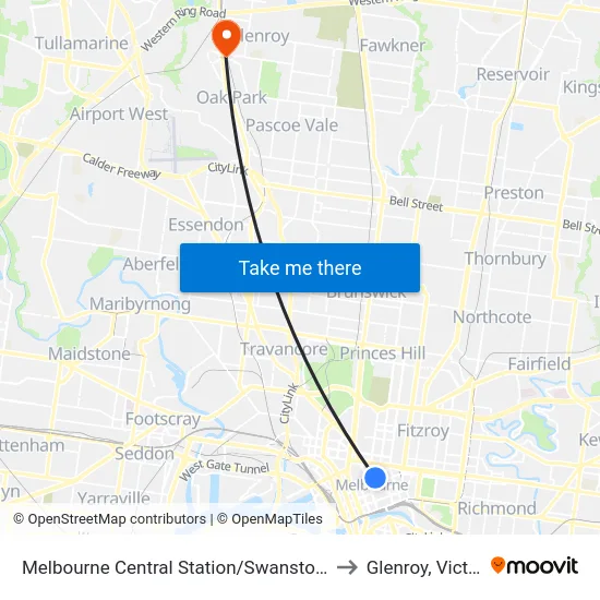Melbourne Central Station/Swanston St #8 to Glenroy, Victoria map