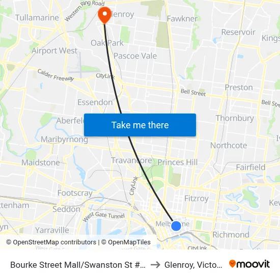 Bourke Street Mall/Swanston St #10 to Glenroy, Victoria map